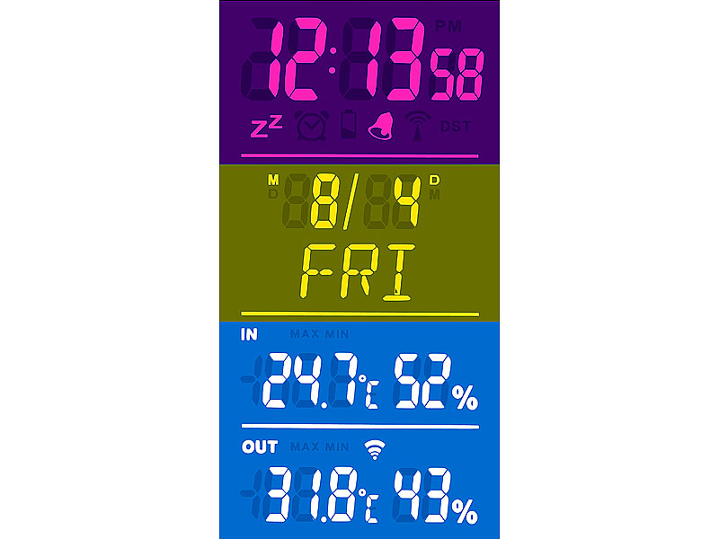 ; Wetterstationen mit Farb-Display, Funkuhr und Außensensor Wetterstationen mit Farb-Display, Funkuhr und Außensensor Wetterstationen mit Farb-Display, Funkuhr und Außensensor 