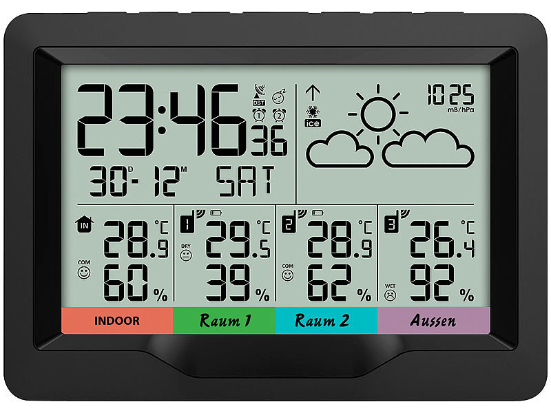 ; Wetterstationen mit Farb-Display, Funkuhr und Außensensor Wetterstationen mit Farb-Display, Funkuhr und Außensensor Wetterstationen mit Farb-Display, Funkuhr und Außensensor Wetterstationen mit Farb-Display, Funkuhr und Außensensor 