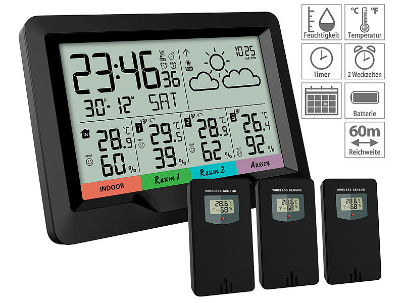 ; Wetterstationen mit Farb-Display, Funkuhr und Außensensor Wetterstationen mit Farb-Display, Funkuhr und Außensensor Wetterstationen mit Farb-Display, Funkuhr und Außensensor Wetterstationen mit Farb-Display, Funkuhr und Außensensor 