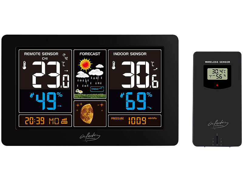 ; Wetterstationen mit Farb-Display, Funkuhr und Außensensor Wetterstationen mit Farb-Display, Funkuhr und Außensensor Wetterstationen mit Farb-Display, Funkuhr und Außensensor Wetterstationen mit Farb-Display, Funkuhr und Außensensor 